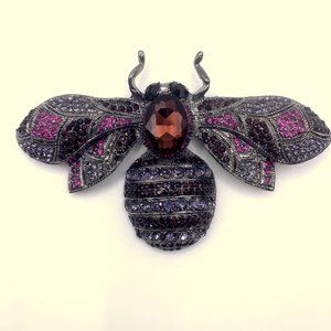 HUGE Cute 3D Rhinestone Large Insect BEE Brooch Pin 4"x2.5" Purple Animal Retro